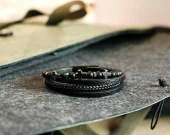 Handcrafted Black Leather Bracelet with Cross Charm | Magnetic Clasp | Matte Black Onyx Beads | Religious Jewelry