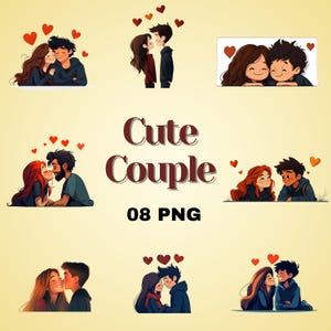 08 romantische paar Illustration druckbare Bilder, niedliche Cartoon Junge und Mädchen digitaler Download Clip Art, PNG Bundle, transparenten Hintergrund.