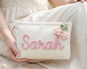Personalized Makeup Bag for Mom, Custom Chenille Name Travel Pouch, Corduroy Toiletry Bag, Summer Beach Organizer, Mother’s Day Gift
