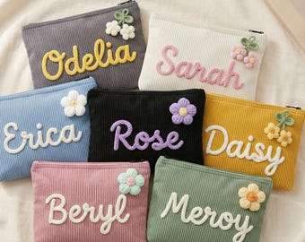 Personalized Bridesmaid Makeup Bag, Custom Chenille Name Travel Pouch, Corduroy Toiletry Bag, Bachelorette Favor, Beach Organizer
