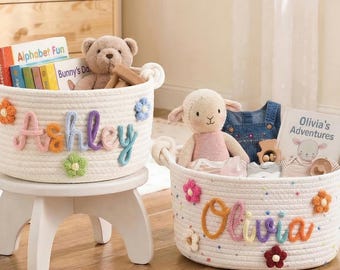 Cesta personalizada de cuerda de algodón, cesta personalizada con el nombre del bebé, contenedor de almacenamiento para la habitación del bebé, cesta de juguetes, regalo para baby shower, regalo para recién nacido, regalo de Navidad