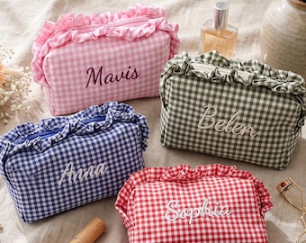 Bridesmaid Gift Makeup Bag, Personalized Gingham Cosmetic Pouch, Embroidered Name Ruffle Toiletry Bag, Wedding Party Gift for Women