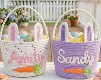 Canasta de Pascua personalizada con nombre, canasta de conejito para bebé niña, canasta de cuerda de algodón personalizada para niños, canasta de búsqueda de huevos de Pascua, cubo de Pascua