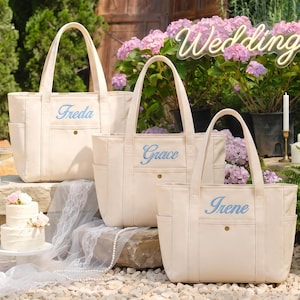 Pode incluir: Três sacos de lona em tom off-white com duas alças e bolsos laterais. Cada saco possui um bolso frontal com um botão de pressão dourado e está bordado com um nome em letra azul: Freda, Grace e Irene, respetivamente.