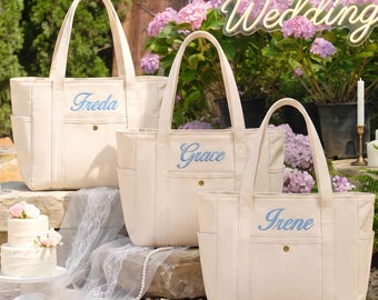 Custom Embroidered Bridesmaid Tote Bag, Personalized Canvas Beach Bag with Initial Ribbon, Wedding Gift for Bridesmaids, Bridal Party Gift