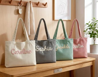 Custom Embroidered Corduroy Tote Bag for Bridesmaids, Personalized Name Tote, Bridesmaid Gift Bag, Wedding Day Tote, Bridal Party Gift