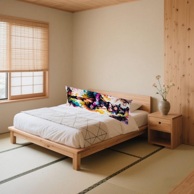 May include: A wooden bed with a white duvet and a vibrant body pillow. The pillow displays an abstract artwork with splashes of blue, yellow, pink, and black. The room has a minimalist design with a wooden floor and a window with a bamboo blind.