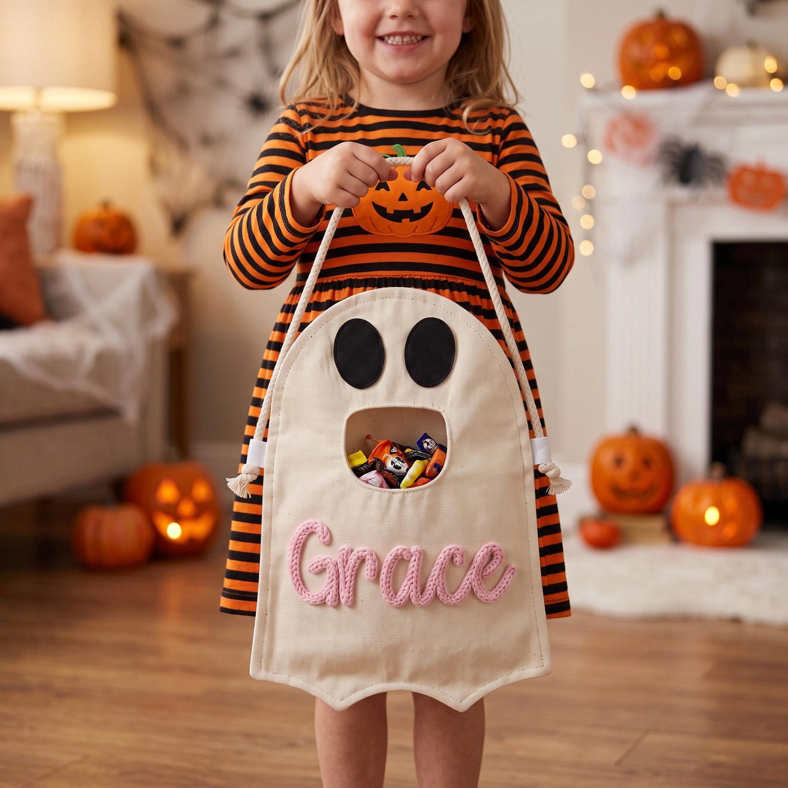 Personalized Trick or Treat Bag, Ghost Halloween Candy Bag, Custom Name Kids Tote, First Halloween Gift for Toddler