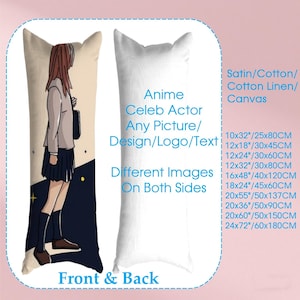 May include: A long body pillow with an anime-style illustration on one side and a plain white side. The pillow has a cat-ear design at the top. Text on the image says "Anime Celeb Actor Any Picture/Design/Logo/Text". Measurements are listed in cm.