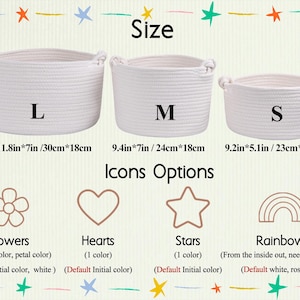 May include: Three white woven rope baskets in sizes L, M, and S, with dimensions labeled in inches and centimeters. The image also displays icon options: flowers, hearts, stars, and rainbows, with color details.
