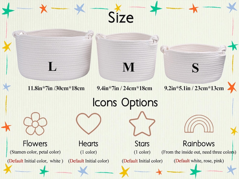 May include: Three white woven rope baskets in sizes L, M, and S, with dimensions labeled in inches and centimeters. The image also displays icon options: flowers, hearts, stars, and rainbows, with color details.