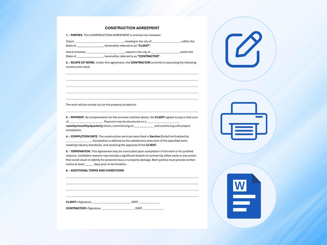 Construction Contract | Agreement Template | Editable & Fillable ...