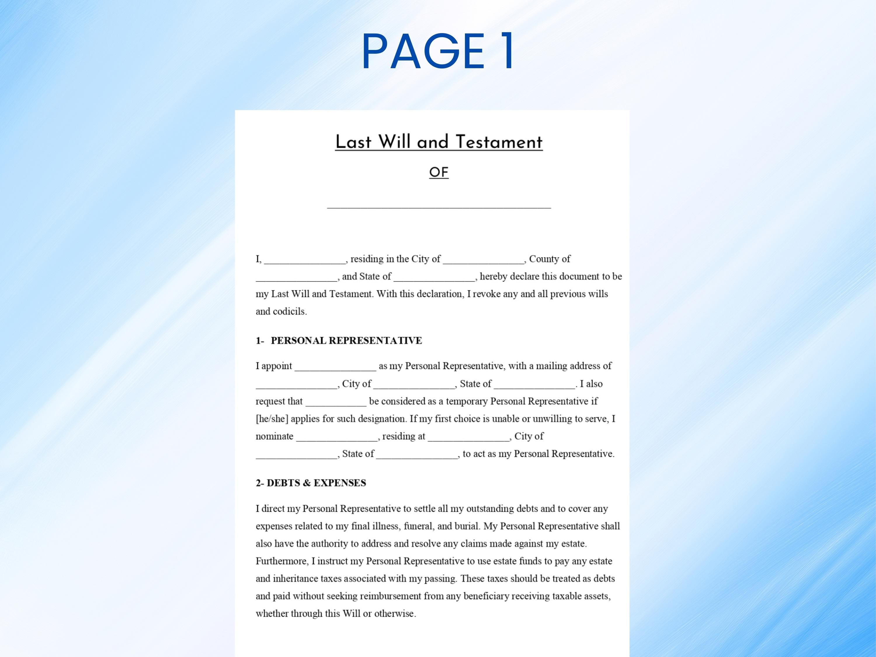 Last Will and Testament Template in Word and PDF Format. Instant ...