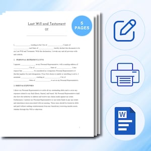 Last Will and Testament template in Word and PDF format. Instant digital download for quick and easy use!