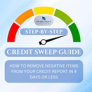 May include: A blue and white graphic with a speedometer showing a green arrow pointing to the right. The text reads "PRIMECREDIT -SOLUTION- STEP-BY-STEP CREDIT SWEEP GUIDE HOW TO REMOVE NEGATIVE ITEMS FROM YOUR CREDIT REPORT IN 4 DAYS OR LESS"