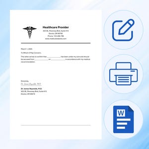 Nota médica editable con firma / Carta de justificación médica / Justificación médica para el trabajo y la escuela / Plantilla personalizable / Word, PDF
