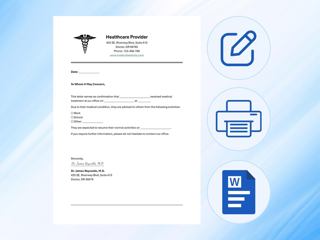 Editable Doctor’s Note With Signature - Doctor Excuse Letter for Work ...