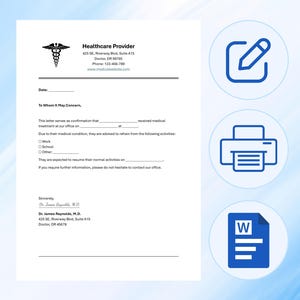 Nota médica editable con firma - Carta de justificación médica para el trabajo y la escuela (Word y PDF)