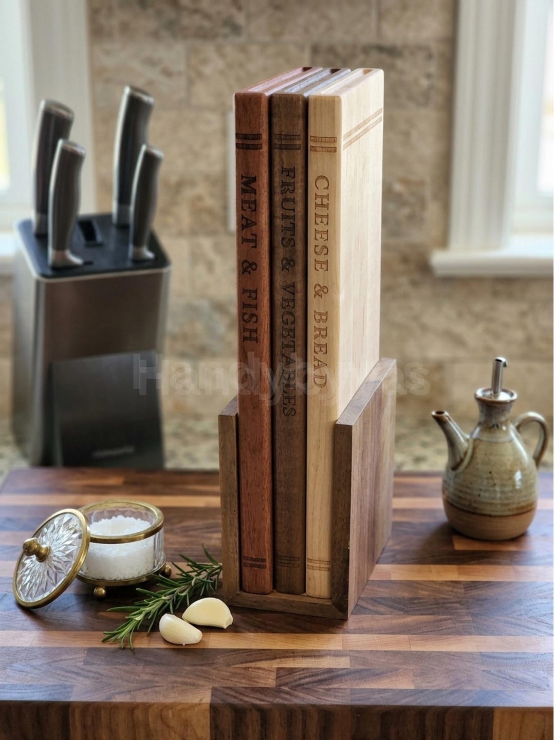 Wooden Cutting Board Set of 3 With Stand | Wooden Board Library| Acacia Wood | Book Style Chopping Board | Mothers Day Gift For Mom