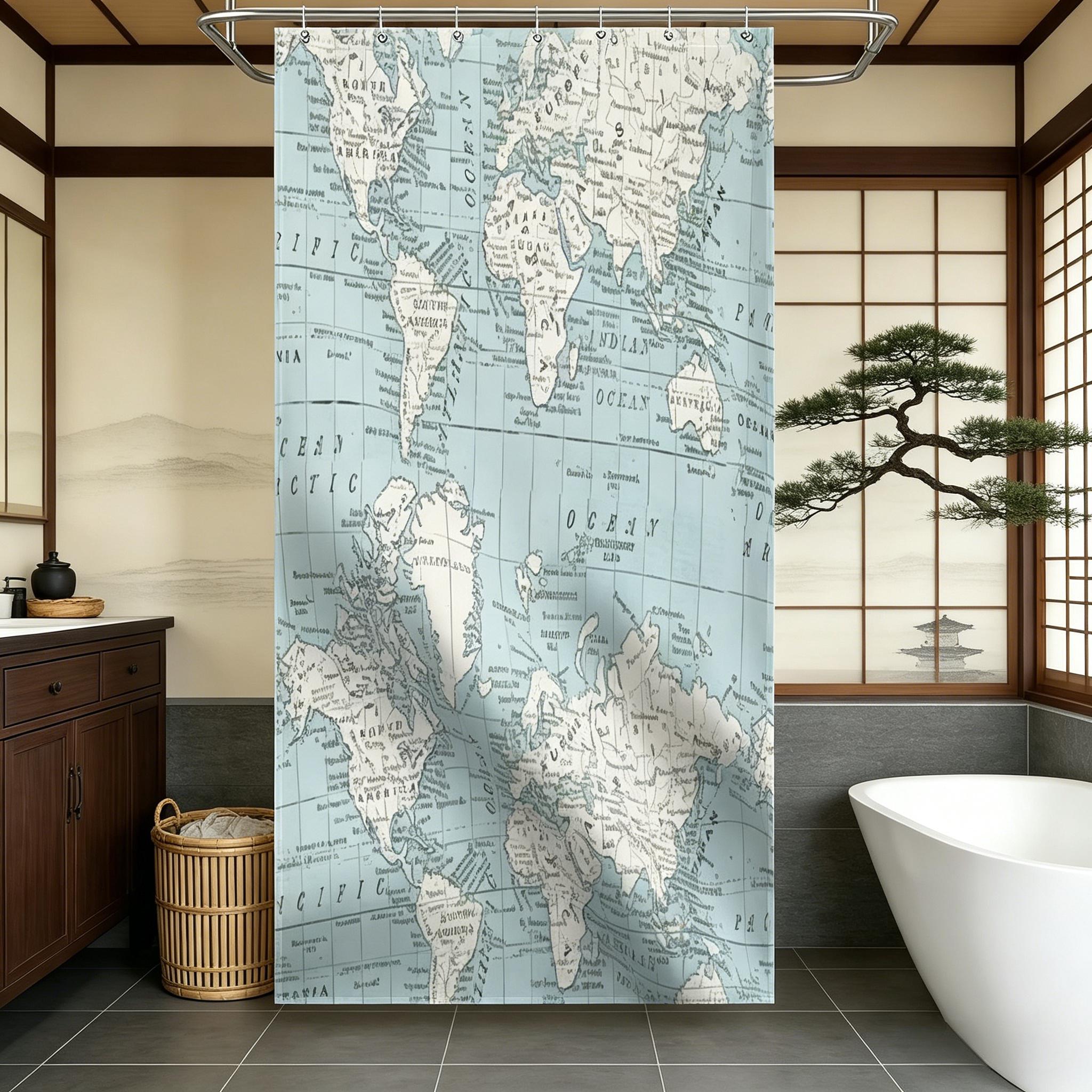 Blue and Cream World Map Geography Countries Custom Shower Curtain ...