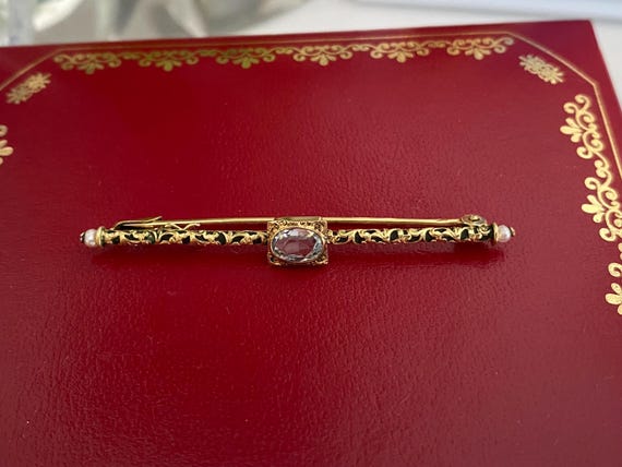 Vintage brooch tie pin in 18k gold with aquamarine and pearls