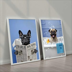 Personalized Dog Bathroom Portrait – Funny Pet Poster from Photo – Digital Pet Drawing for Bathroom Decor – Custom Dog Artwork Gift