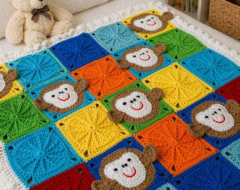 Monkey Baby Blanket Crochet Pattern PDF – 38x38 Granny Square Afghan, Intermediate Nursery Gift, Instant Download