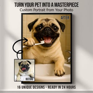 Funny Pet Portrait – Dog Brushing Teeth Art | Custom Pet Bathroom Wall Decor | Personalized Pet Gift Digital Download