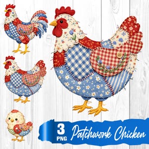 Könnte beinhalten: Eine Sammlung von vier Patchwork-Hühnerdesigns in Rot, Weiß und Blau. Die Hühner weisen verschiedene Muster auf, darunter Vichy-, Blumen- und Streifenstoffe. Das Bild enthält den Text "3 PNG Patchwork Chicken".