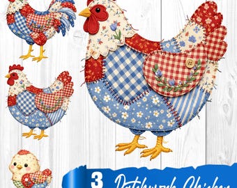 3 Patchwork Chicken Easter PNG, Floral Retro Hen, Cottagecore Gingham (Digital Download)