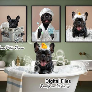 Custom Pet Portraits Set of 4 Greyscale, Pet in Bathtub, Funny Bathroom Art Print, Personalized Pet Dog Mom Gift Illustration, Digital Files