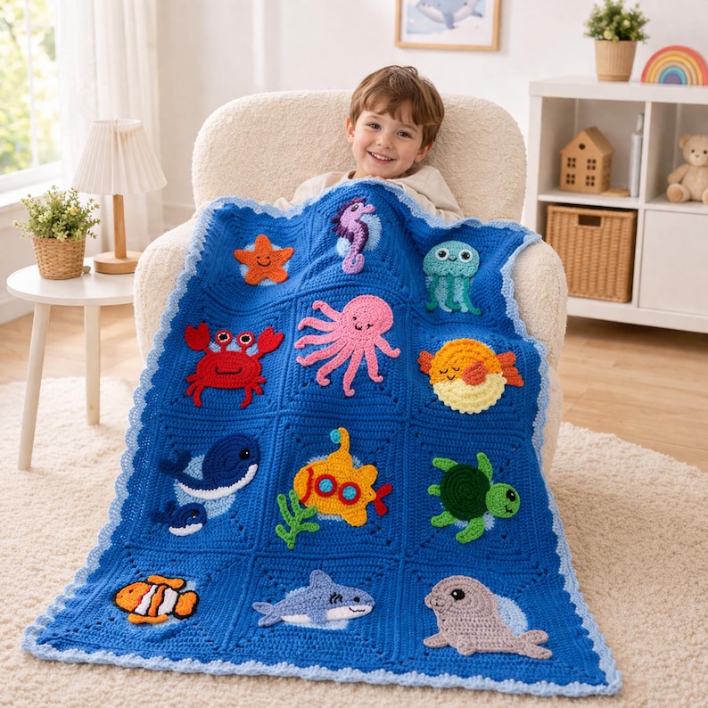 May include: A blue crochet blanket featuring various sea creatures, including a starfish, seahorse, octopus, crab, whale, and more. The blanket has a scalloped edge and is designed with a square pattern. The sea creatures are in bright colors.