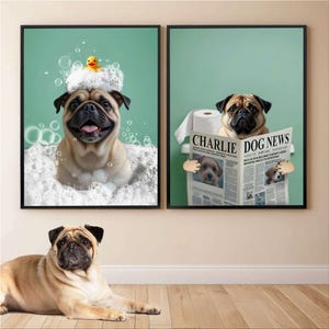 Custom Pet Portrait Photo,Funny Bathroom Art,Dog Reading Newspaper on Toilet,Dog Wall Art,Dog in Toilet,Pet in Bathtub,Personalized pet gift