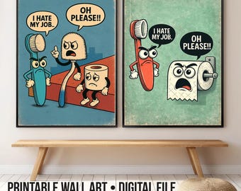 Modern Funny Wall Art Printable | I Hate My Job Cartoon Poster Set, Digital Humor Prints for Office or Bathroom, Instant Download Decor