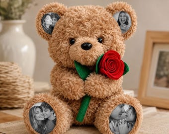 May include: A light brown plush teddy bear with textured fur, holding a red felt rose with green leaves. The bear features four circular black and white photo inserts on its ears and feet, each displaying a different couple in a portrait.