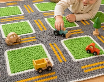 Crochet Roadway Throw Pattern PDF – Kids Car Play Mat Blanket, Large 45x59 in, Instant Download