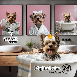 Custom Pet Portraits Set of 3, Pet in Bathtub, Funny Bathroom Art Print, Personalized Pet Dog Mom Gift Illustration, Digital Files