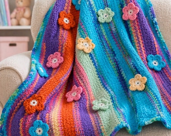 Crochet Striped Flower Throw Pattern – Intermediate Blanket PDF, Colorful Floral Afghan 56x46 in
