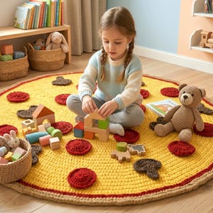 May include: A young child sits on a yellow, round rug designed to look like a pizza, with red pepperoni accents and a brown crust. The child is playing with wooden blocks and other toys, including a teddy bear and a basket of toys.