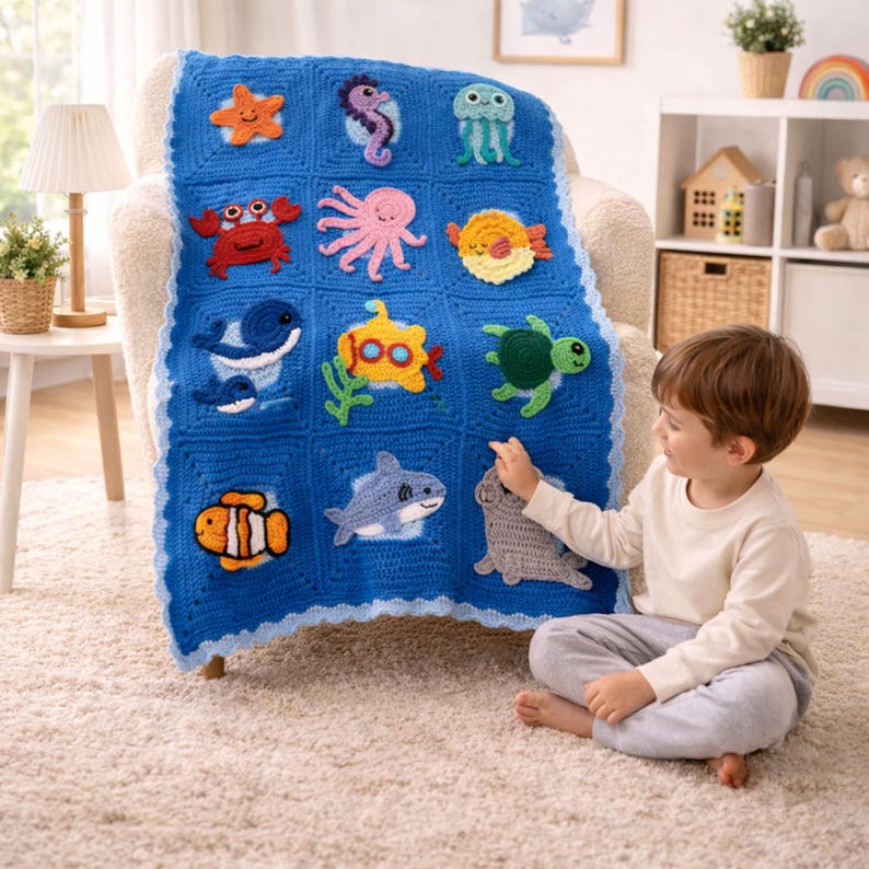 May include: A blue crochet blanket featuring various sea creatures, including a starfish, seahorse, jellyfish, crab, octopus, fish, whale, submarine, turtle, clownfish, shark, and seal. The blanket is draped over a chair.