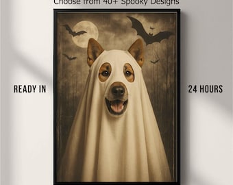 May include: A framed Halloween-themed artwork featuring a dog dressed as a ghost. The dog's face is visible through the ghost costume, with a full moon and bats in the background. Text reads "TURN PET PHOTO INTO HALLOWEEN ART" and "Choose from 40+ Spooky Designs."