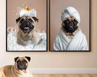 May include: Two framed prints of a pug dog. One print shows the pug in a bathtub with bubbles and a rubber ducky. The other print shows the pug wearing a white bathrobe.