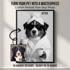 Custom Pet Portrait – Funny Dog Wall Art in Bathrobe | Personalized Pet Picture from Photo | Digital Download or Gift for Pet Lovers