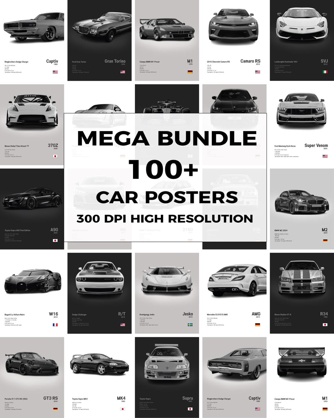 Set of 100+ Car Posters in 3 Colors, Home Wall Art, Cool Car Prints ...