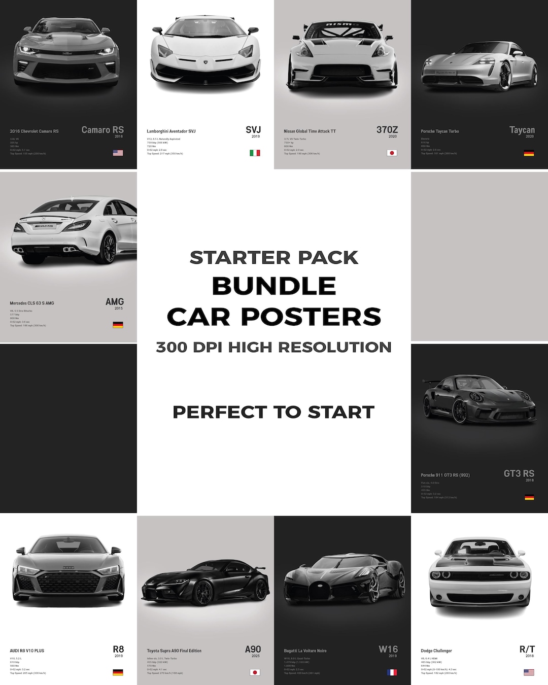 Car Poster Starter Bundle – 30 Iconic Cars (3 Colors) | Minimalist ...