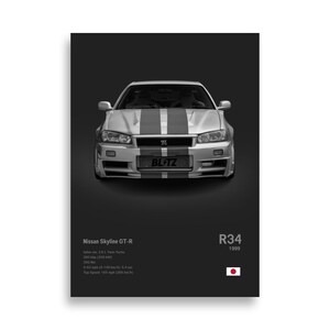 Puede incluir: Un póster en blanco y negro con un Nissan Skyline GT-R R34 plateado. El coche tiene dos rayas grises en el centro y el texto "BLITZ" en la parte delantera. El póster incluye el texto "Nissan Skyline GT-R" y "R34 1999".