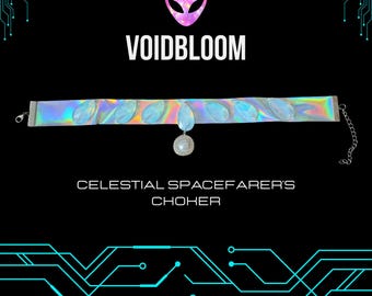 Celestial Spacefarer's Choker – Handgemaakte holografische festivalsieraden met iriserende opaline edelstenen