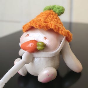Bunny Figurine with Crochet Carrot Hat | Cute Handmade Polymer Clay Animal Sculpture | Baby Shower, Easter, Spring Gift for Bunny Lovers
