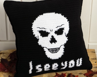 Pillow cover "I see you" skull and stripes - 16 x 16 crochet cushion cover