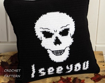 May include: Black crochet pillow with a white skull and the text "I see you" in white.